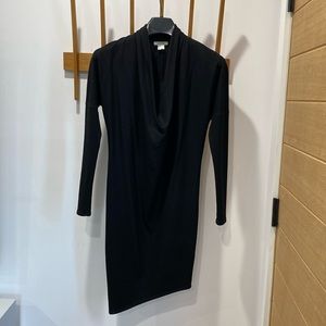 Helmut Lang Wool Long Sleeve Asymmetrical Hem Black Dress